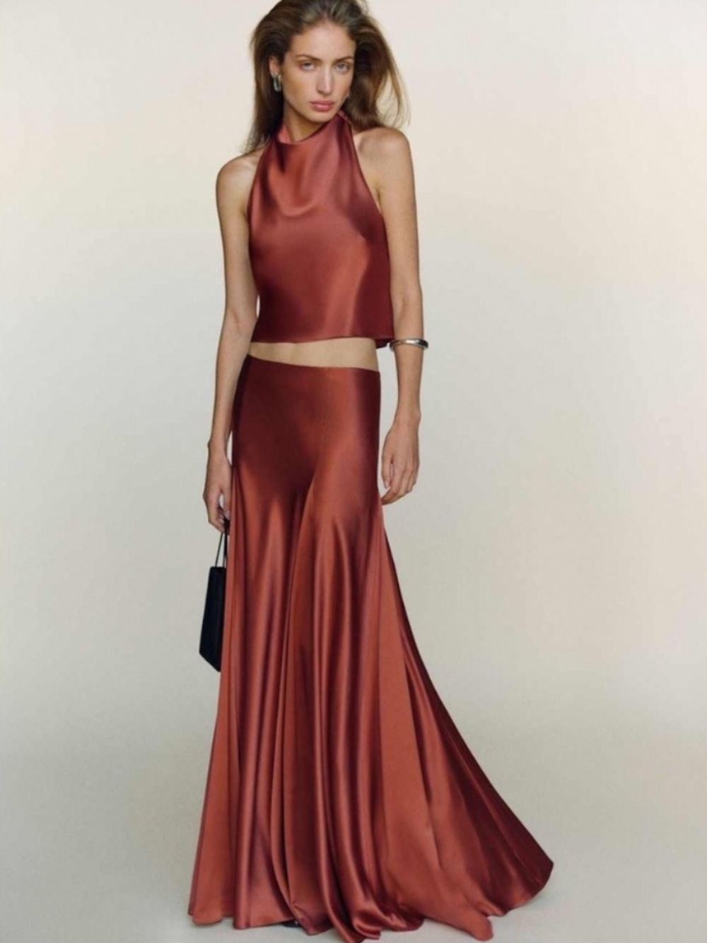 Reformation Sera Silk Two Piece Rosewood Halter & Maxi Skirt